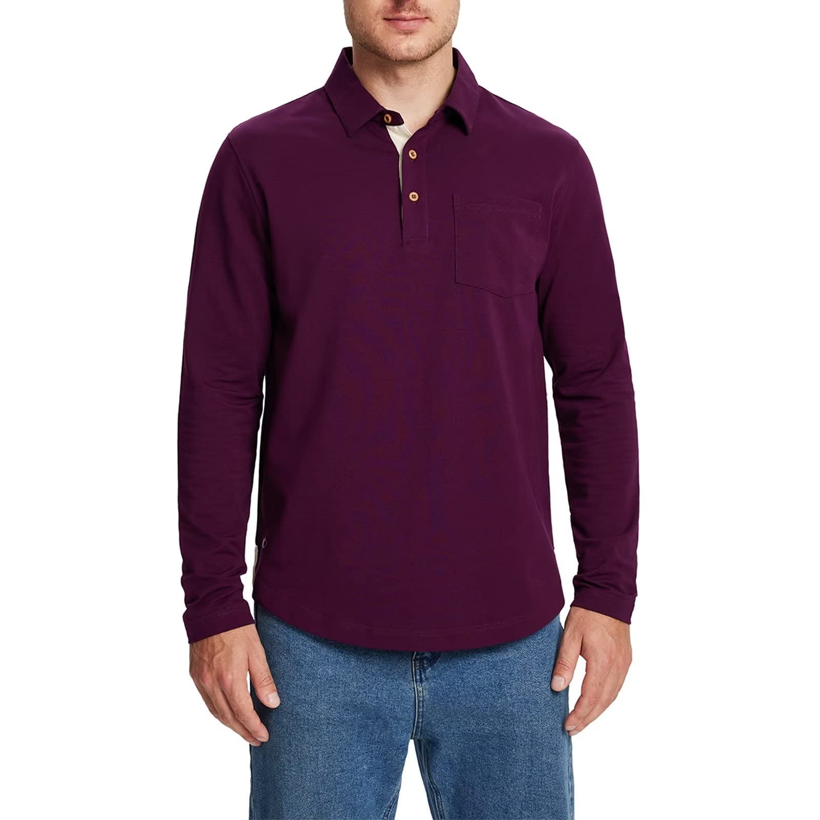 Men's Long Sleeve Polo Shirts with Pocket - Casual Solid Color Cotton Blend Drop Cut Collar Shirt for Men | Perfect for Office, Golf & Everyday Wear