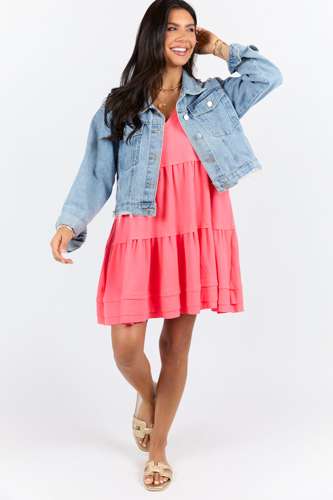 Stylish Coral Waffle Knit Short Sleeve V-Neck Dress for Women - Summer Casual Outfit, Beach Cover Up & Vacation Wear