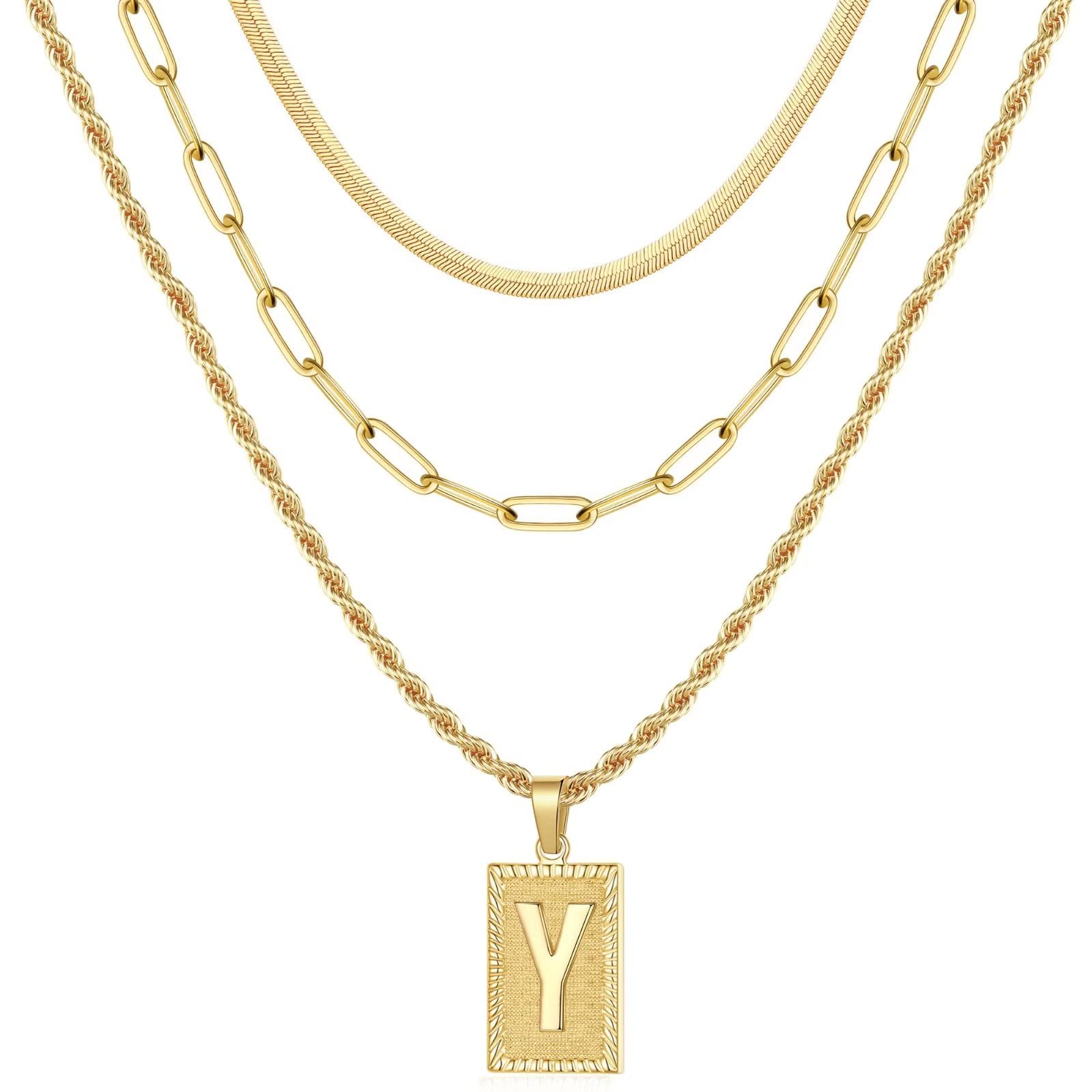 14K Gold Plated Layered Initial Necklaces for Women - Dainty Paperclip & Snake Chain with Square Pendant | Elegant Layering Jewelry for Everyday Wear, Date Nights & Special Occasions