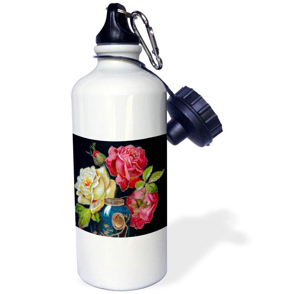 3D Vintage Roses in Vase Sports Water Bottle - 21oz Insulated Stainless Steel Thermos for Gym, Hiking & Outdoor Activities - White