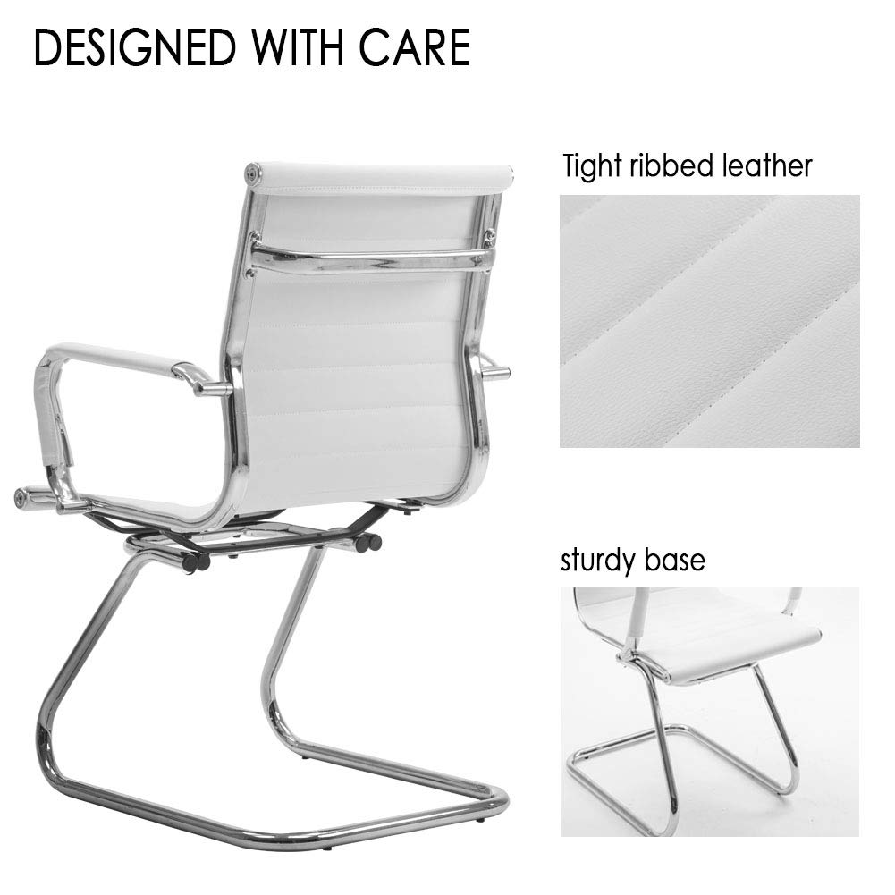 Premium Leather Reception Chairs - Heavy Duty Conference Chairs with Back Support, No Wheels, Set of 2 (White) - Perfect for Office Lobbies, Waiting Areas & Guest Seating