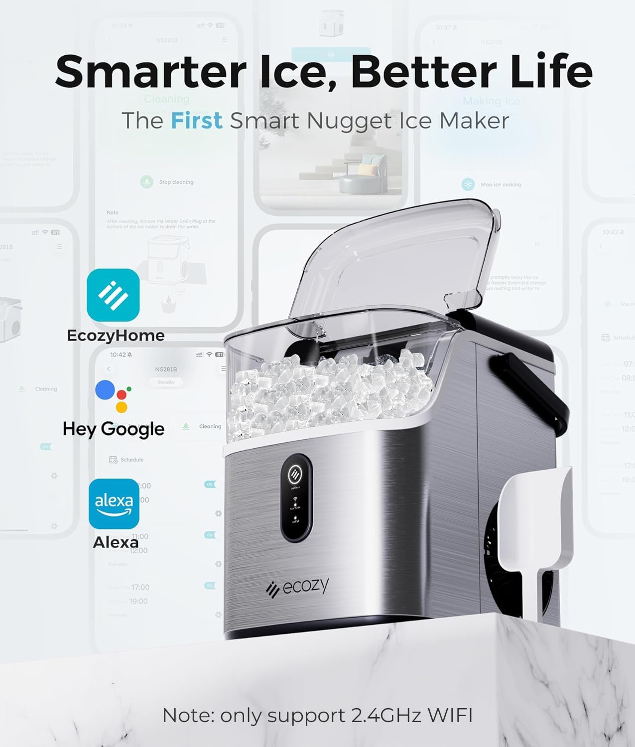 Ecozy Smart Countertop Nugget Ice Maker - 35lbs/24H Soft Chewable Pebble Ice Machine with Self-Cleaning & Voice Control for Home, Kitchen, Bar, Office - Stainless Steel - Perfect for Cocktails, Sodas, and Party Drinks
