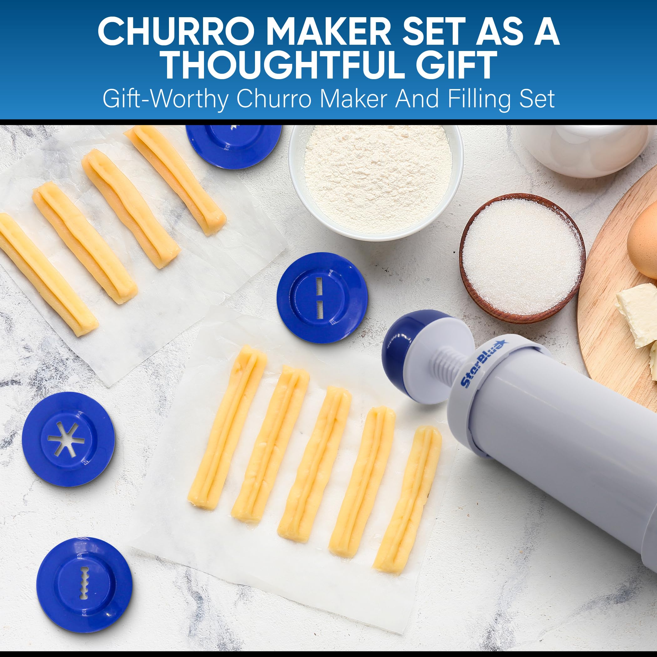 StarBlue Churro Maker and Filler Set with Free Recipe Book - Easy Piping Nozzle Tool for Deep Fried Stuffed Churros - Perfect for Home Baking, Party Snacks, and Spanish Dessert Making