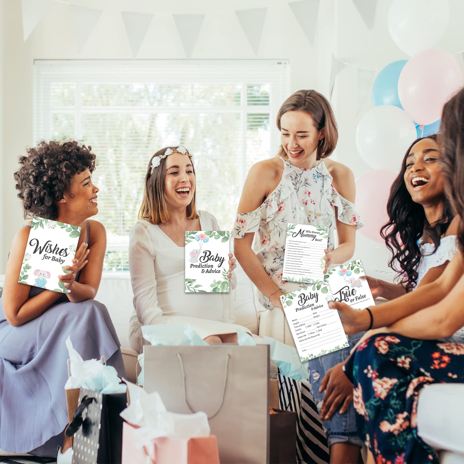HOWAF Baby Shower Games Set - 50 Neutral Unisex Baby Prediction Cards (Who Knows Mommy Best, Guess the Weight & Date) - Fun Baby Shower Party Games & Decorations for Coed Showers, Gender Reveals & Newborn Celebrations - Perfect for Indoor & Outdoor Baby Showers
