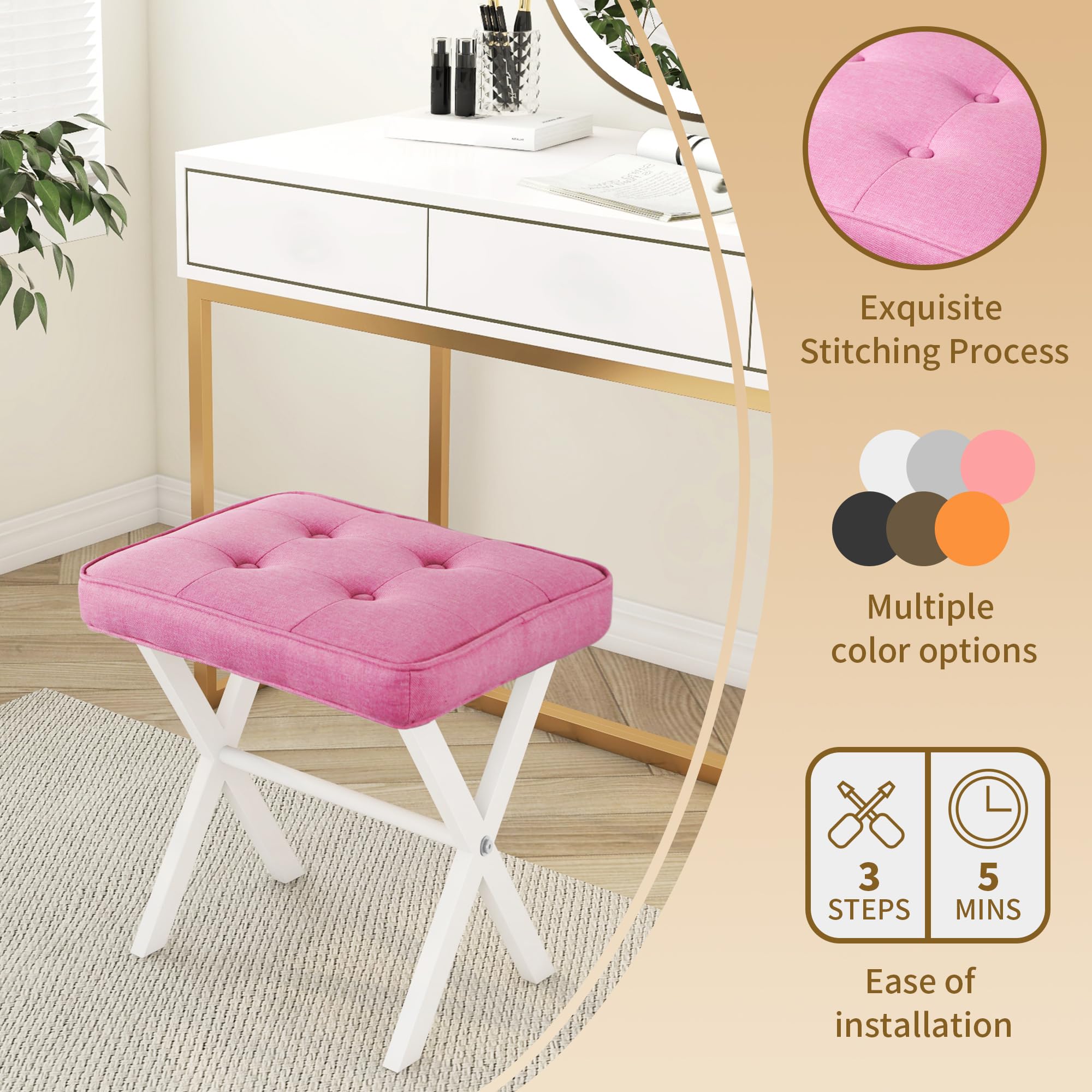 Pink Upholstered Vanity Stool with Metal X Legs - Makeup Chair, Ottoman Footrest for Bedroom, Bathroom & Living Room - Soft Padded Seat for Entryway & Dressing Area - Home Decor & Comfortable Seating Solution
