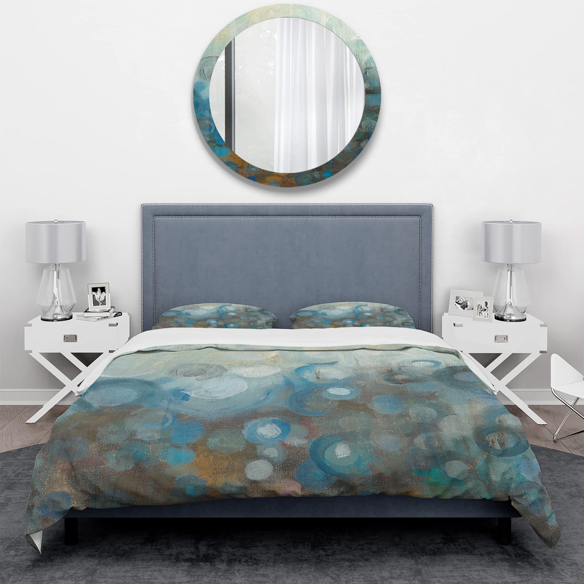 Blue & Bronze Dots Glass Duvet Cover Set King - Modern Abstract Bedding for All Seasons