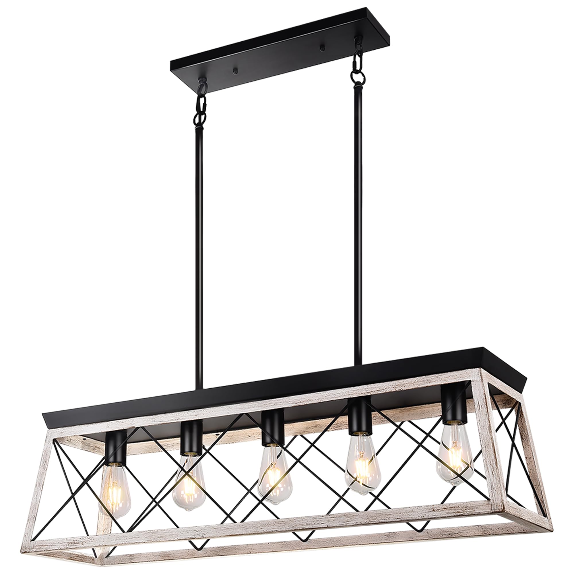 Rustic Farmhouse Kitchen Island Chandelier - 5-Light White Wood Finish Linear Hanging Light Fixture for Dining Room & Modern Kitchen | Perfect Over Table, Breakfast Nook & Bar Counter Lighting