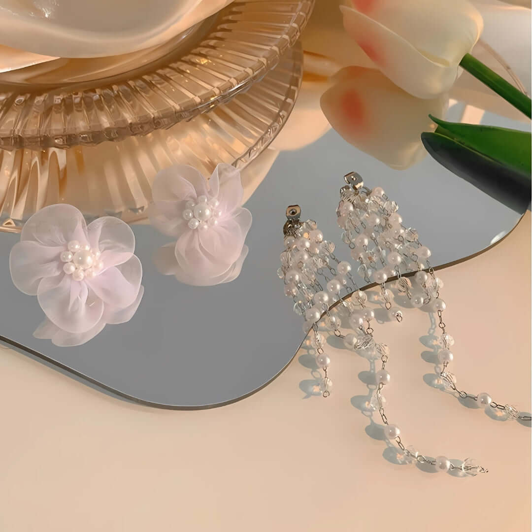 Ivory Pearl Drop Wedding Earrings with Lace Flower Design - Elegant Bridal Jewelry for Weddings, Prom & Formal Events | FM2003
