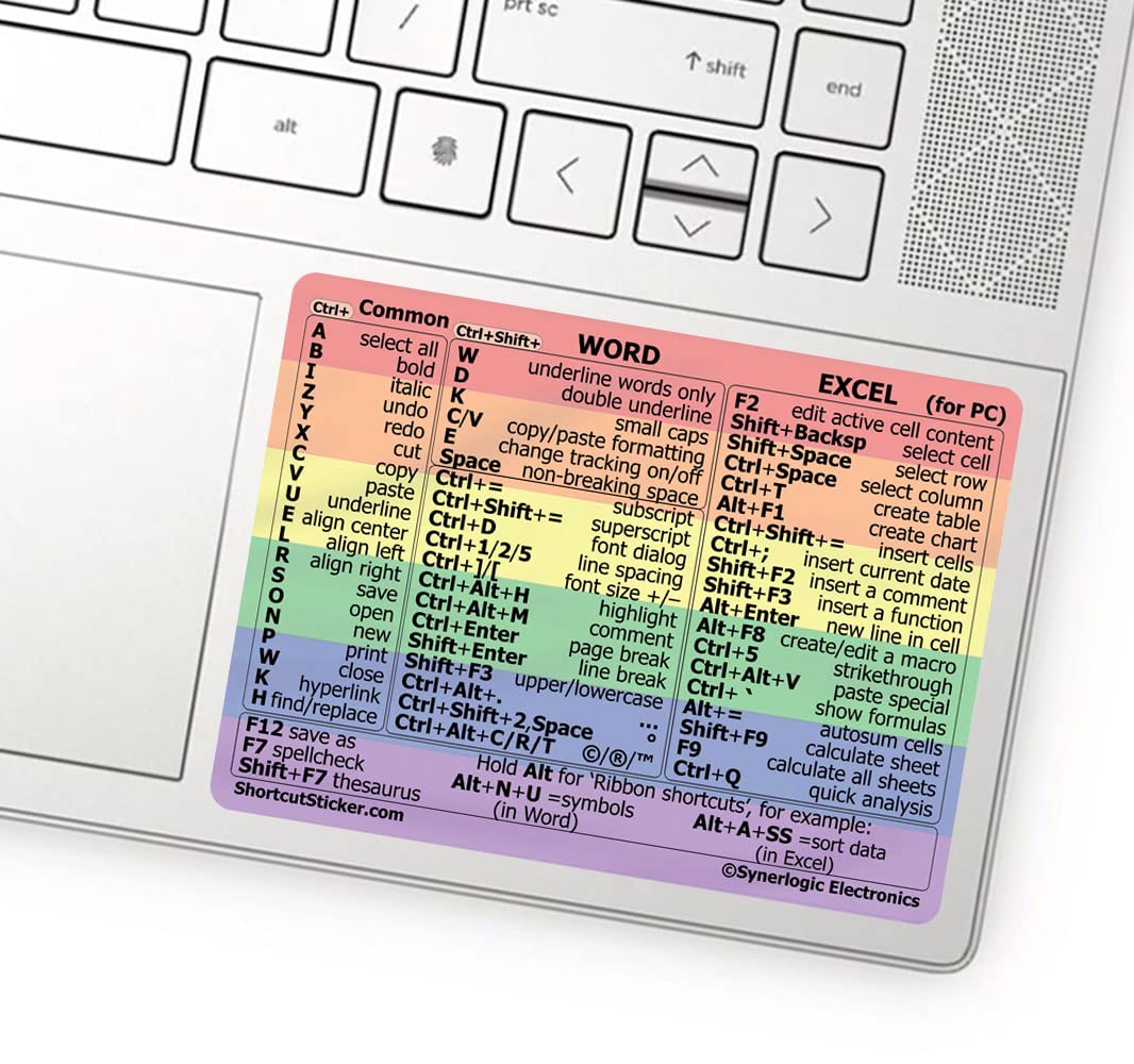 SYNERLOGIC Microsoft Word/Excel Keyboard Shortcut Sticker - Laminated, No-Residue Vinyl (Rainbow/Large) - Perfect for Office, Home, and Classroom Use