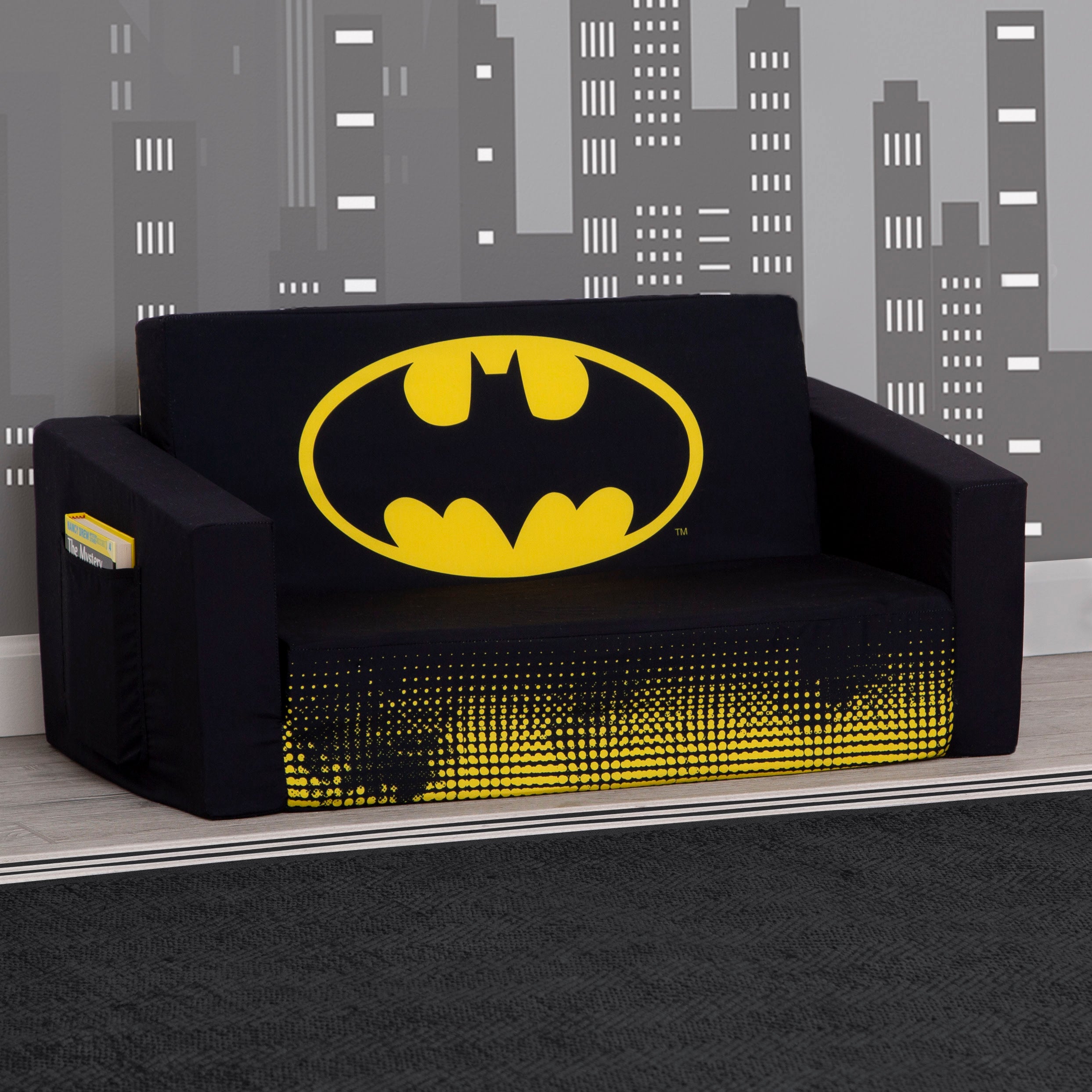 Batman Cozee Flip Out Sofa - 2 in 1 Convertible Kids Sofa to Lounger Bed | Superhero Themed Playroom Furniture for Boys & Girls | Perfect for Movie Nights, Gaming & Sleepovers