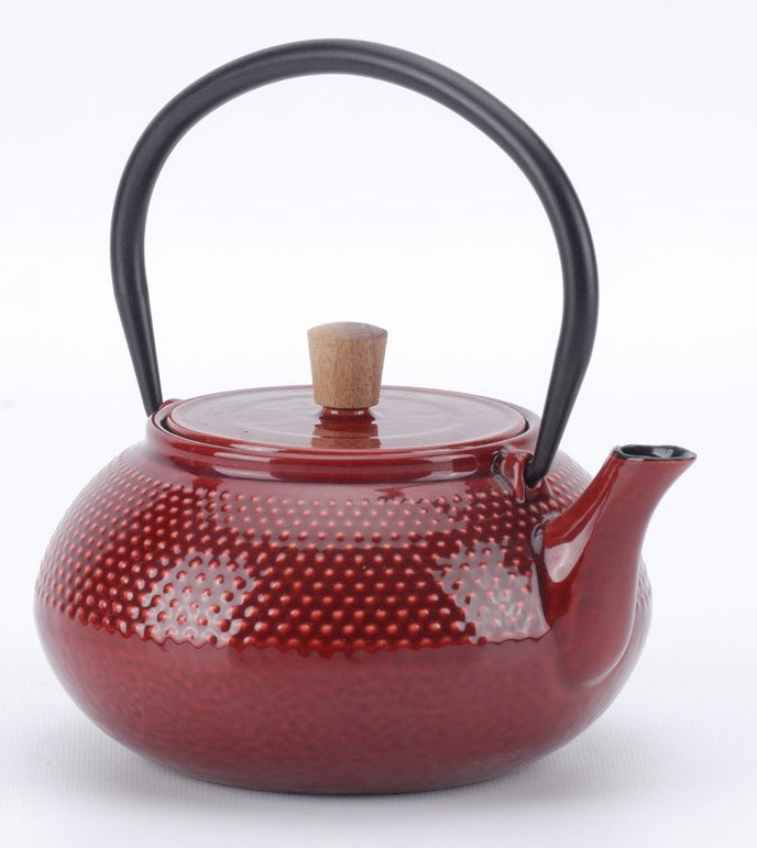 Minimal 20Oz Red Enameled Cast Iron Tea Pot with Dot Pattern - Perfect for Loose Leaf Tea Brewing, Camping & Gift Giving