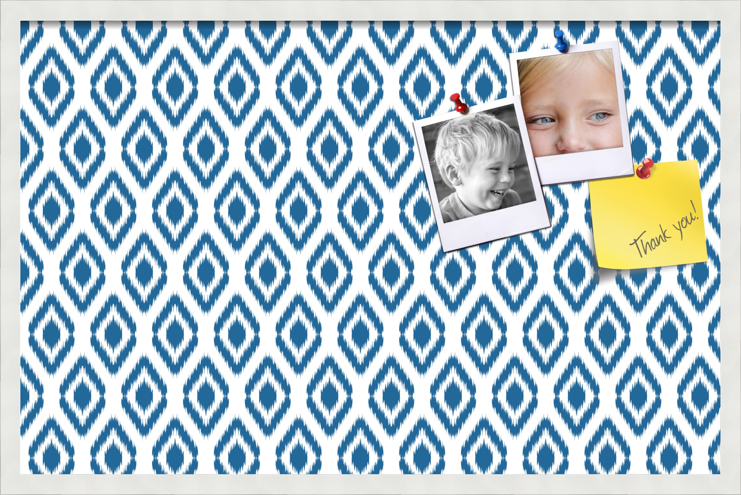 PinPix 34x22 Inch Cork Bulletin Board with Ikat Navy Design & Satin White Frame - Decorative Framed Pin Board for Home Office Decor, School Classroom, Dorm Room Organization & Message Display (PinPix-1634)