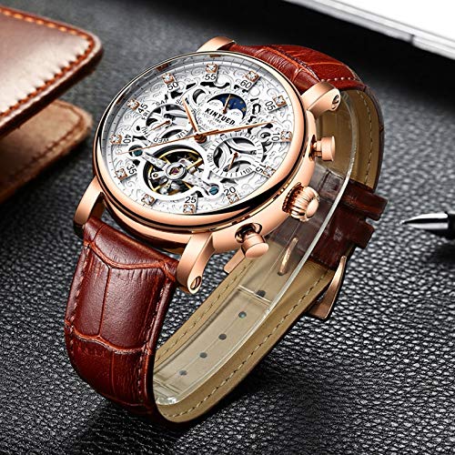 Men's Tourbillon Automatic Watch - Rose White Leather Strap for Business & Casual Wear