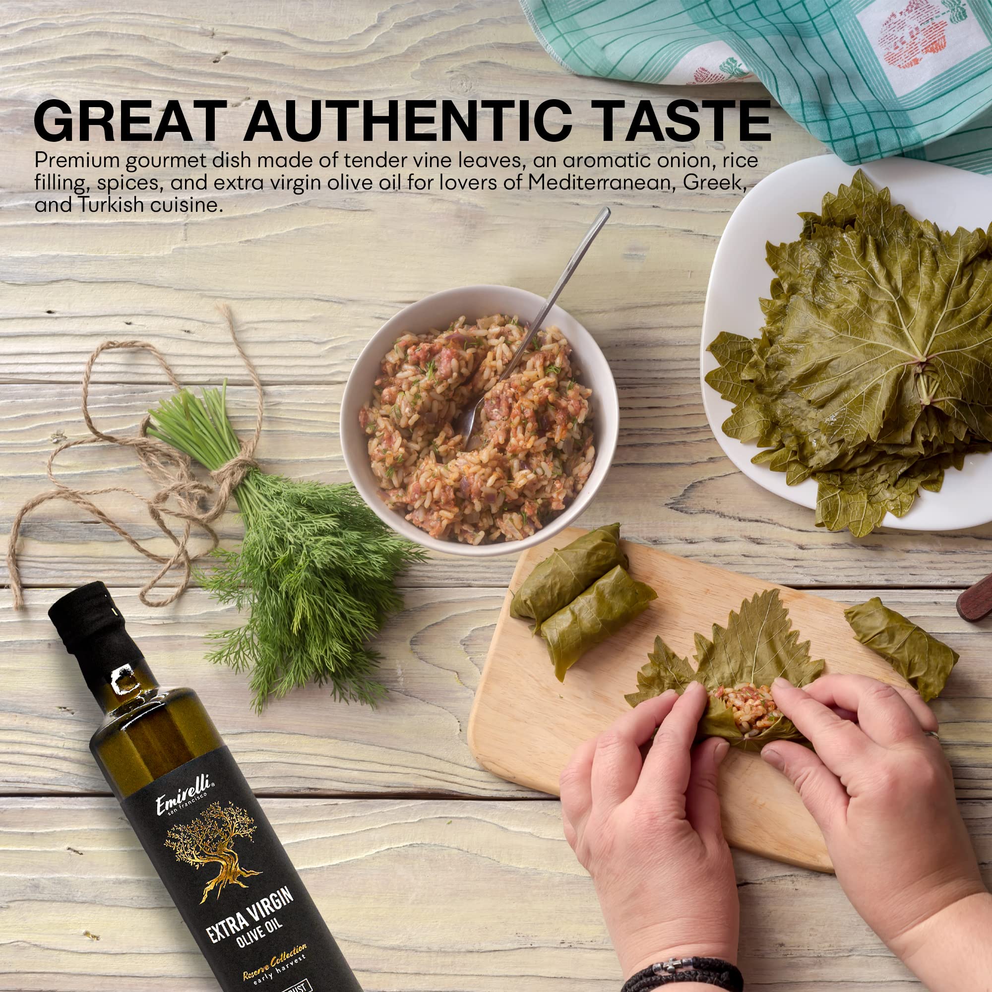 Emirelli Dolmas Stuffed Grape Leaves with Rice - Mediterranean Herbs in Extra Virgin Olive Oil | Ready-to-Eat Vegan Rolls | Authentic Turkish Dolmades Recipe | Perfect for Appetizers, Picnics & Mediterranean Diet Meals