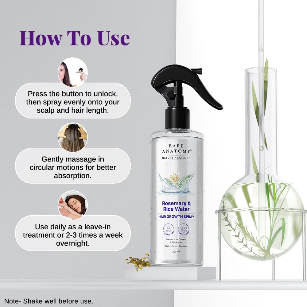 Bare Anatomy Rosemary Water Spray for Hair Growth & Thickness with Rice Water | 100% Natural Extract for Soft, Smooth Hair | Controls Hair Fall | Non-Greasy & Fast Absorbing | 200ml | Perfect for Daily Hair Care & Scalp Hydration