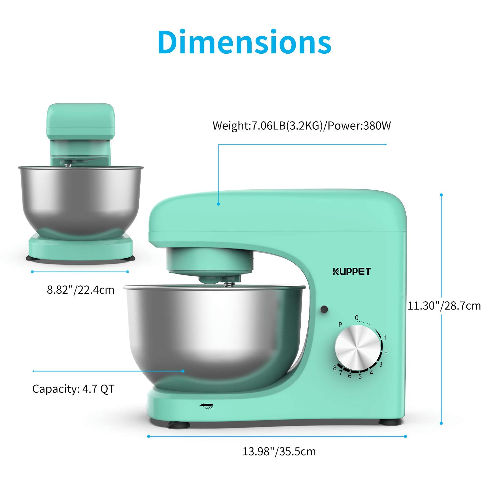 KUPPET 8-Speed Tilt-Head Stand Mixer with 4.7QT Stainless Steel Bowl, Dough Hook, Wire Whip & Beater - Perfect for Baking Cakes, Cookies, Bread & More (Green)