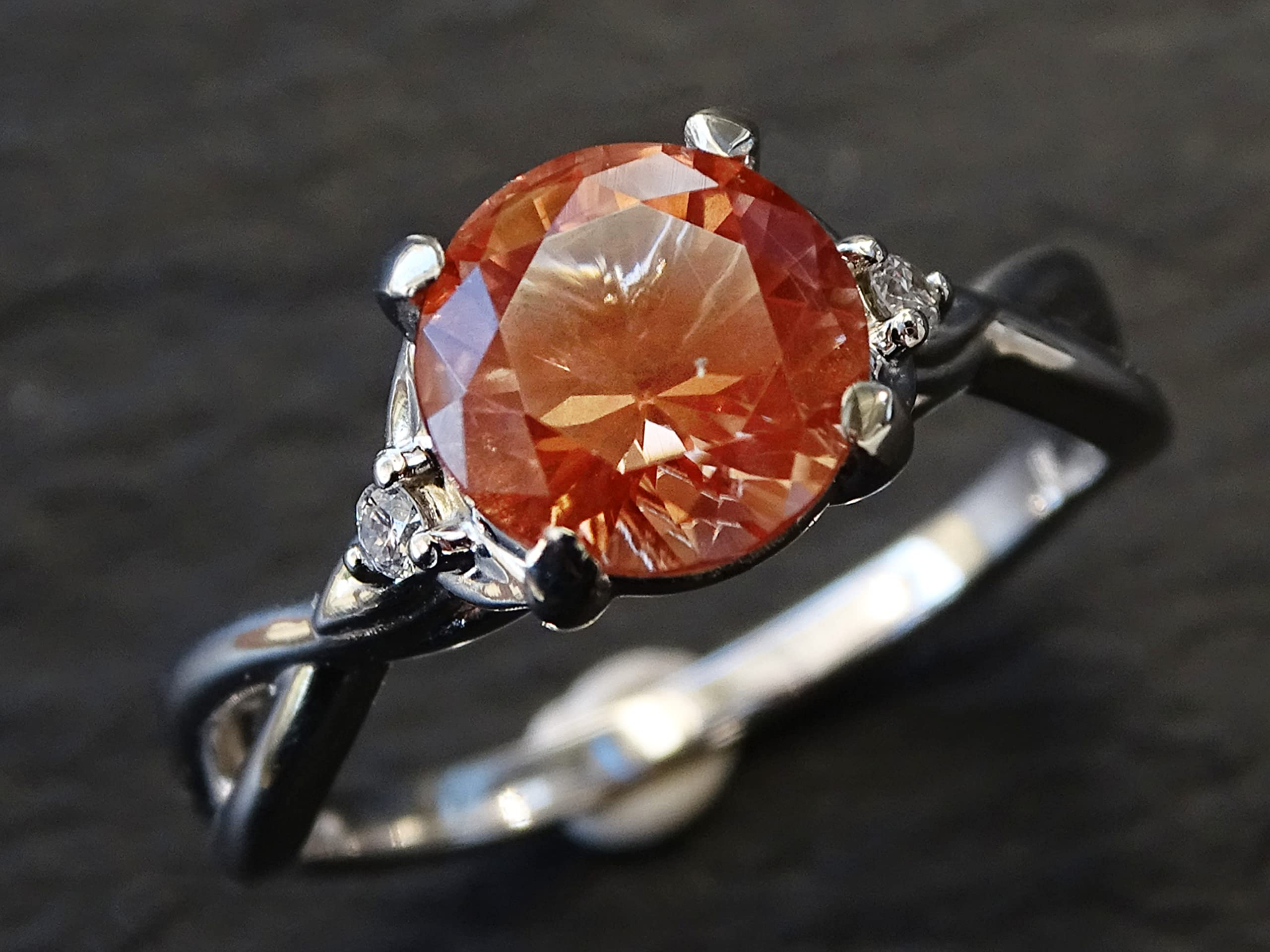 Oregon Sunstone Ring in White Gold - Diamond Accented Sunstone Engagement Ring with Schiller Effect, Elegant Three Stone Jewelry for Women | Perfect Anniversary Gift for Her, Ideal for Weddings, Proposals, and Special Occasions