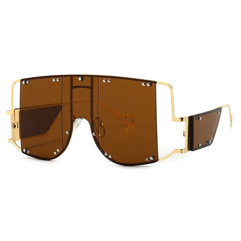 Fashion Women's Oversized Square Sunglasses - One-Piece Metal Frame with Golden Tea Lenses for Driving, Beach & Outdoor Activities