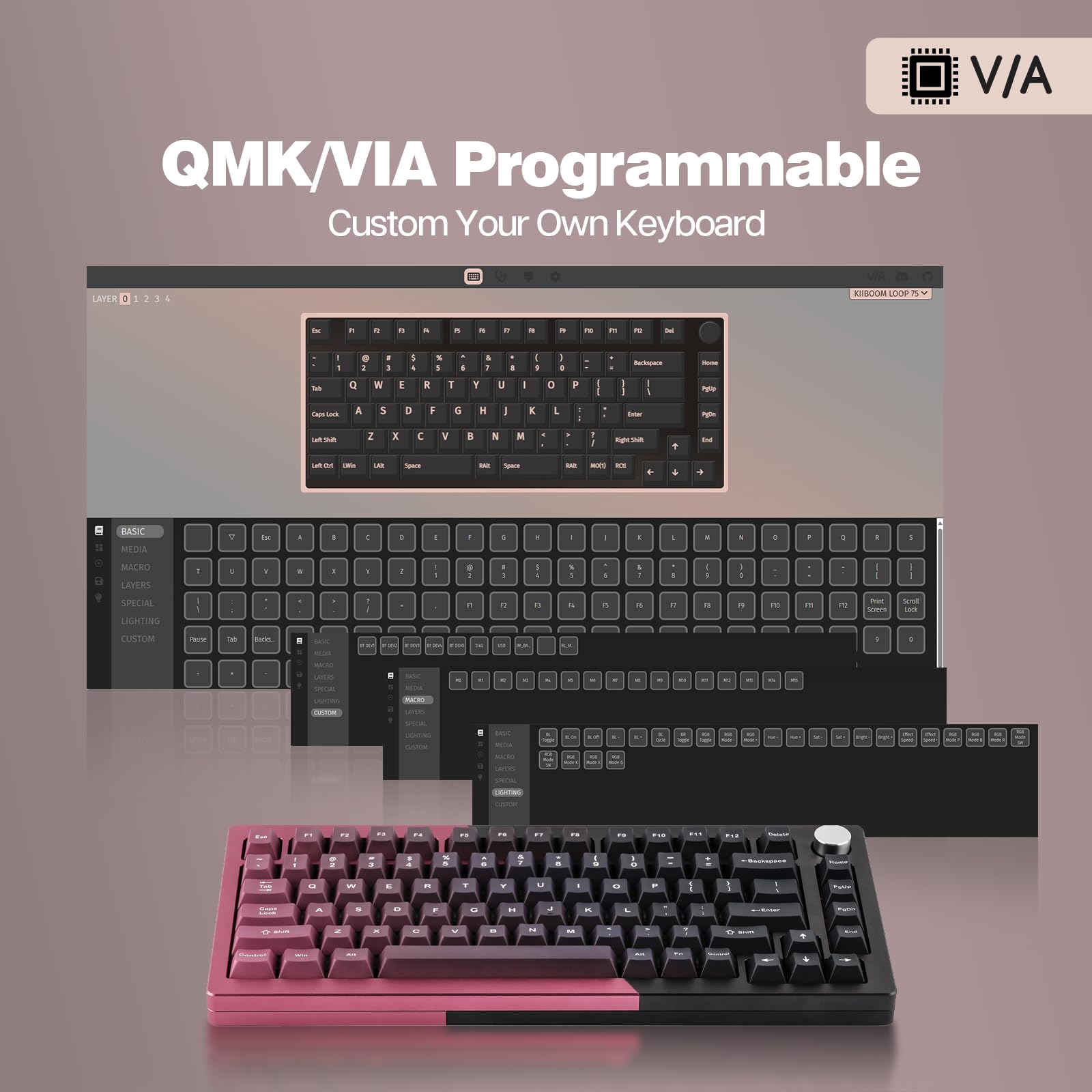 KiiBoom Loop 75 75% Compact Mechanical Keyboard - Full Aluminum Body, QMK/VIA Programmable, Wireless BT5.0/2.4GHz/USB-C, Gasket Mount, FR4 Plate, RGB Backlit for Windows/Mac (Red Black) - Perfect for Gaming, Coding & Office Work