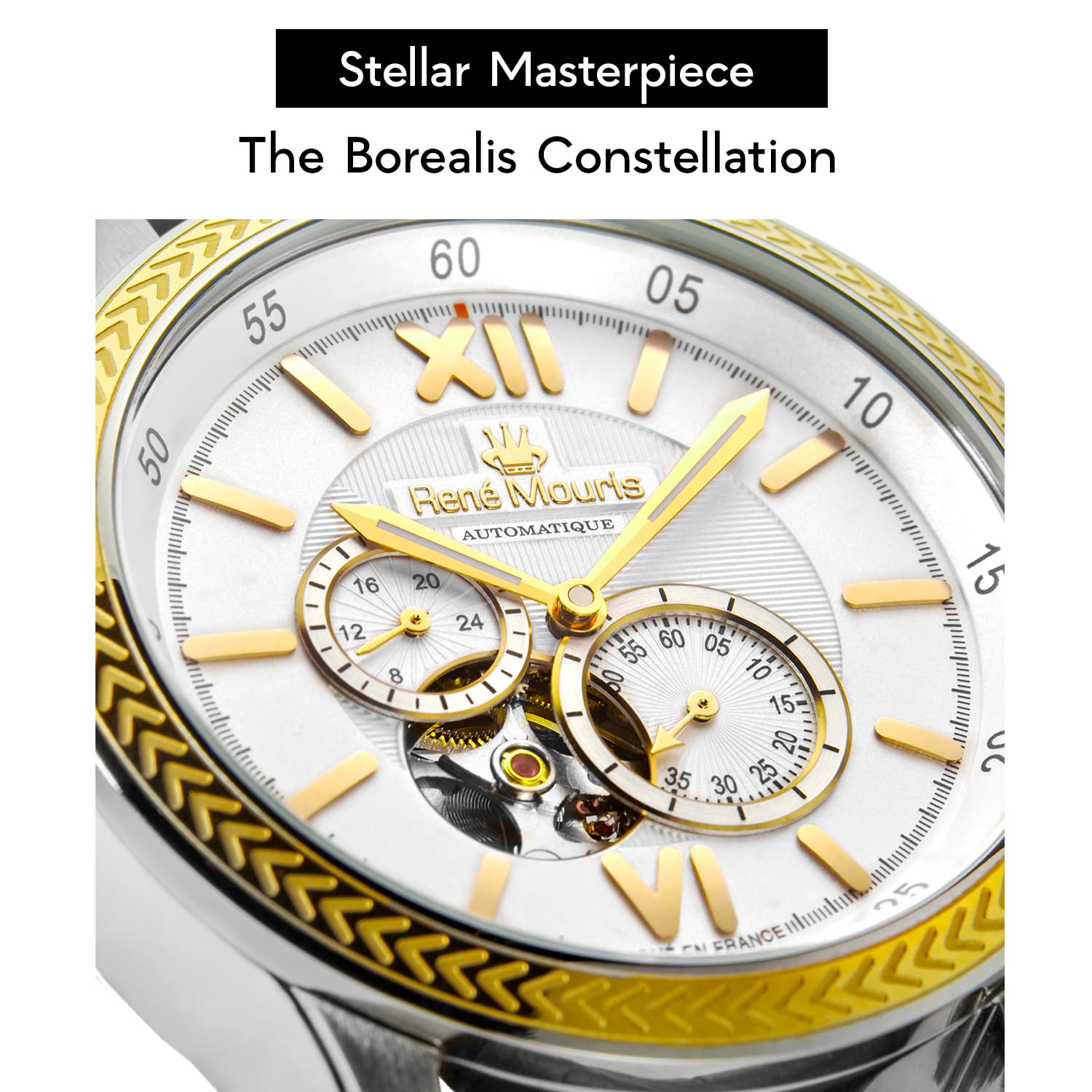 René Mouris Men's Automatic Watch - 44mm Stainless Steel Skeleton Design, Sapphire Crystal, 100M Waterproof - Luxury Dress Watch for Business, Formal Events & Everyday Wear