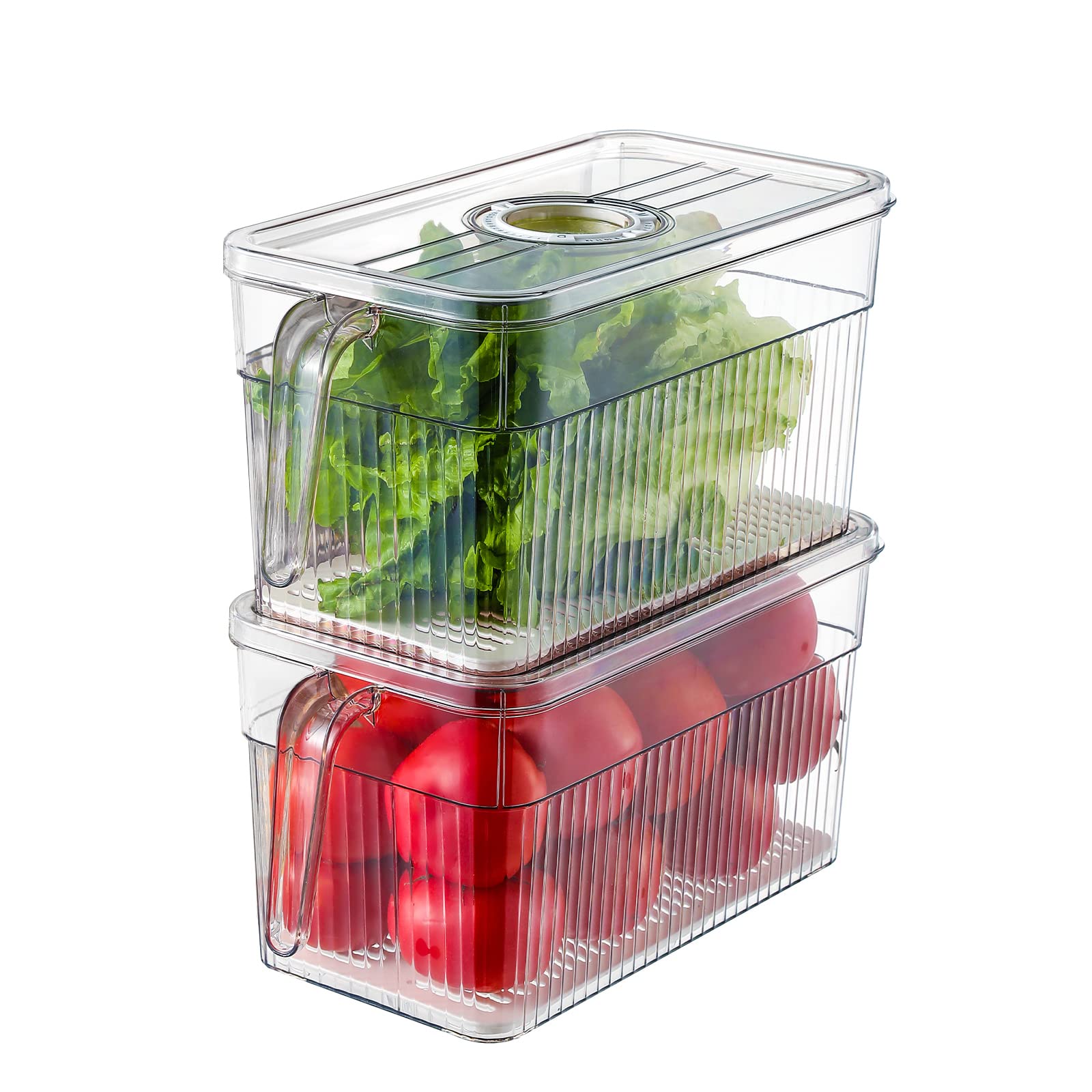 Clear Stackable Refrigerator Organizer Bins with Lids & Drain Tray - 6.3L x 2 Large Produce Storage Containers for Fruits & Vegetables - Set of 2 - Perfect for Kitchen Organization & Fresh Food Preservation