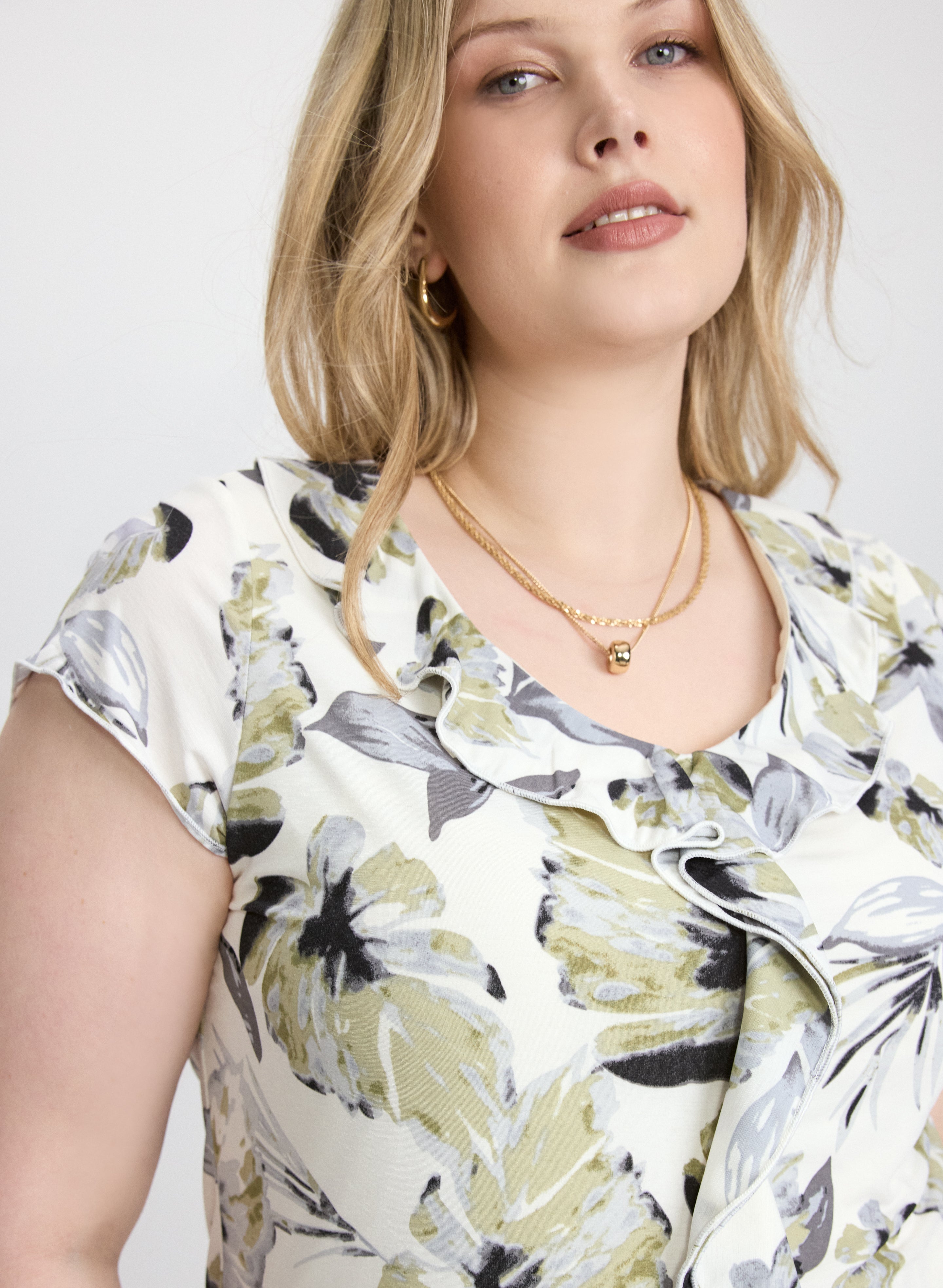 Floral Ruffle Front Blouse for Women - Elegant Floral Print Ruffle Neckline Tops - Perfect for Spring Outfits, Date Nights & Office Wear