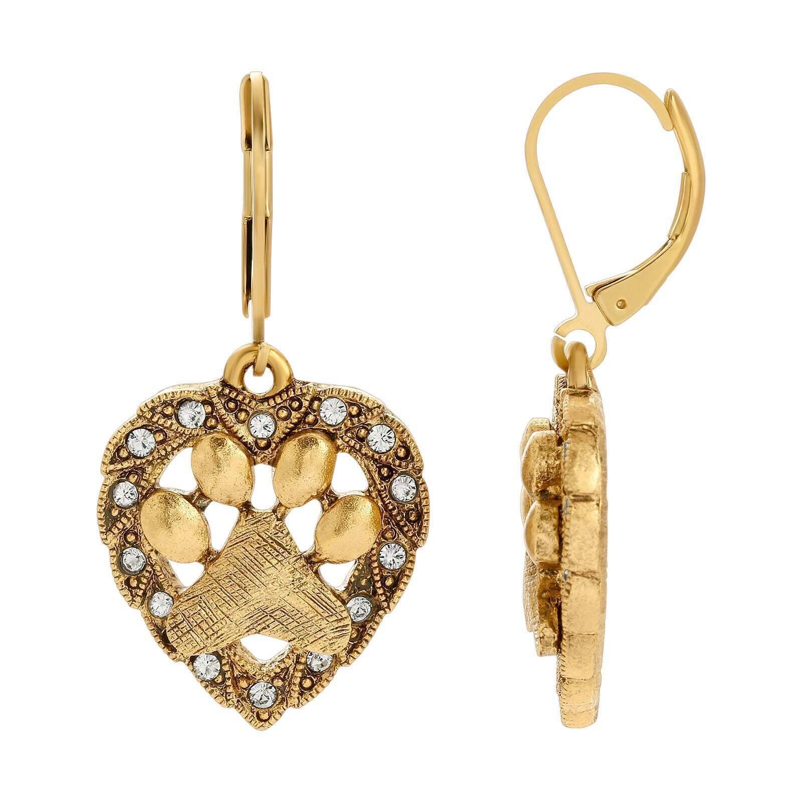 1928 Jewelry Heart & Paw Crystal Lever Back Earrings for Women - Elegant Pet Lover Gift for Valentine's Day, Anniversary or Everyday Wear