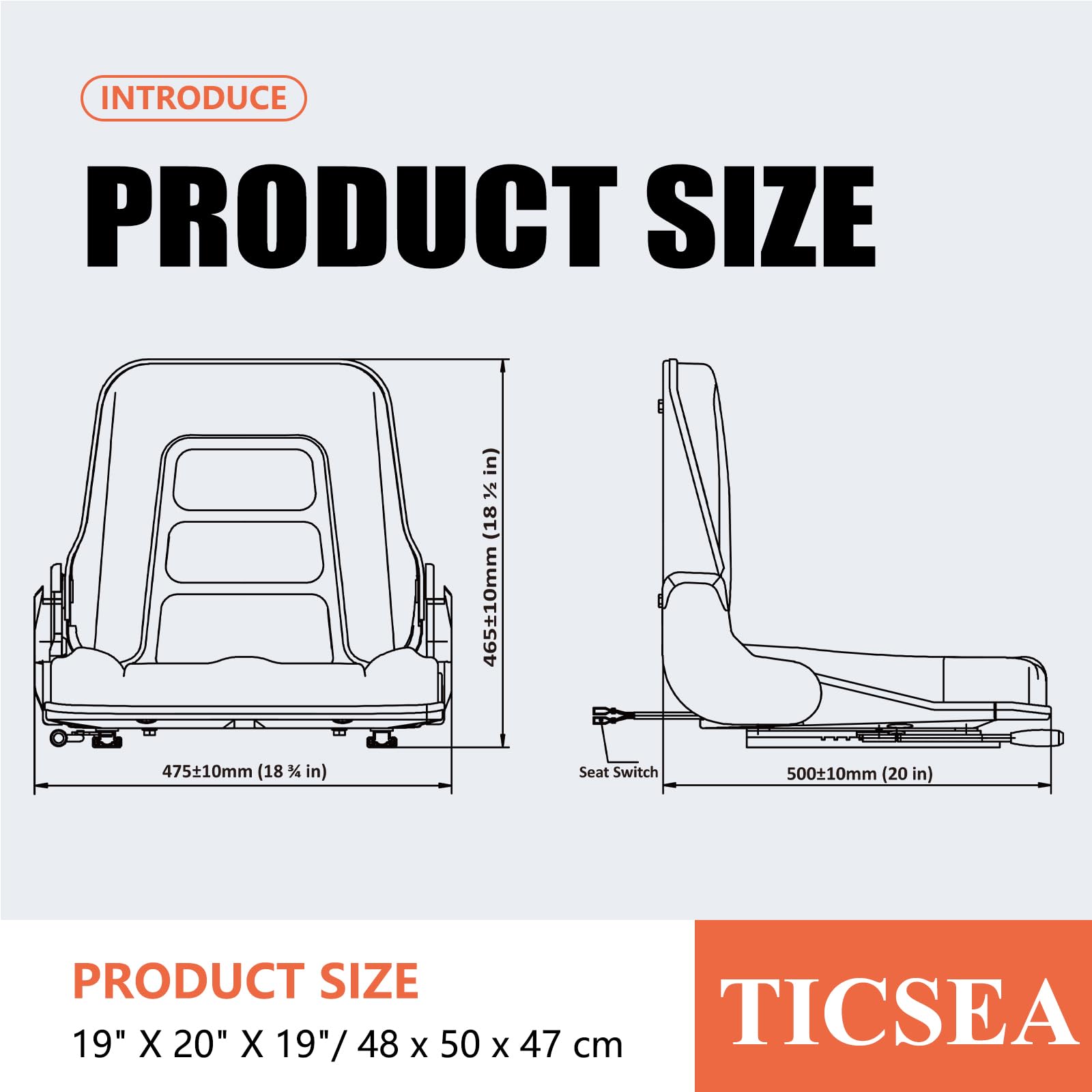 Universal Fold Down Tractor Seat with Adjustable Backrest - Built-In Operator Presence Switch & Slide Mechanism - Compatible with Lawn Mowers, Forklifts, Boats, Excavators, Skid Loaders, Backhoes, Dozers & Telehandlers - Ideal for Farming, Construction & Marine Applications
