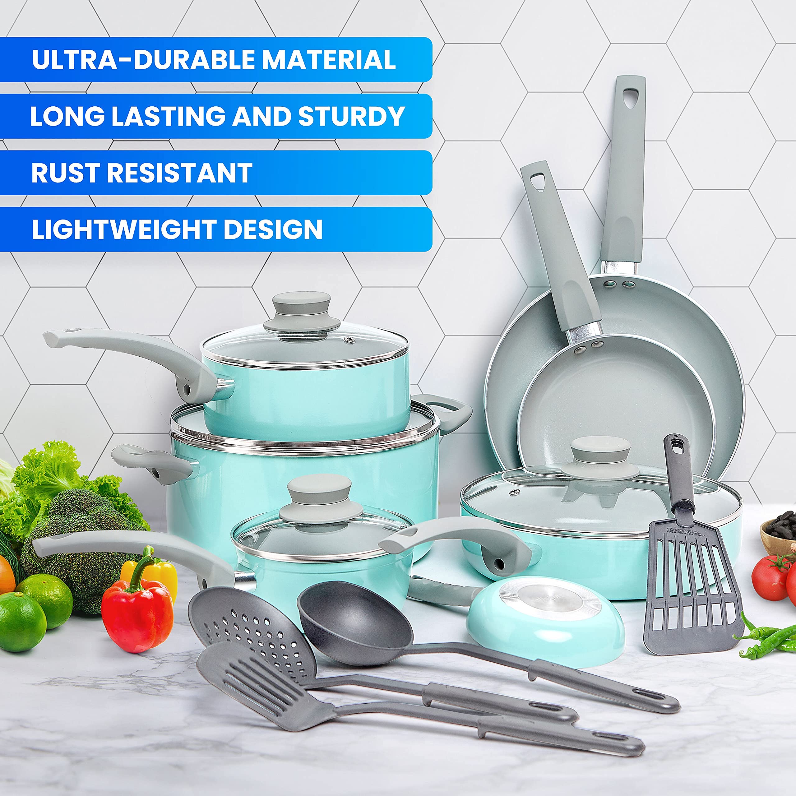 Mueller 16-Piece Non-Stick Stone Cookware Set with Steamer & Glass Lids - Turquoise | Durable Kitchen Pots & Pans for Cooking, Frying & Steaming | Perfect for Home Chefs & Family Meals