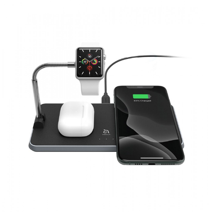ADAM OMNIA Q3 3-in-1 Wireless Charging Base - Fast Charging Stand for iPhone, Samsung, AirPods - Black | Perfect for Home, Office & Travel