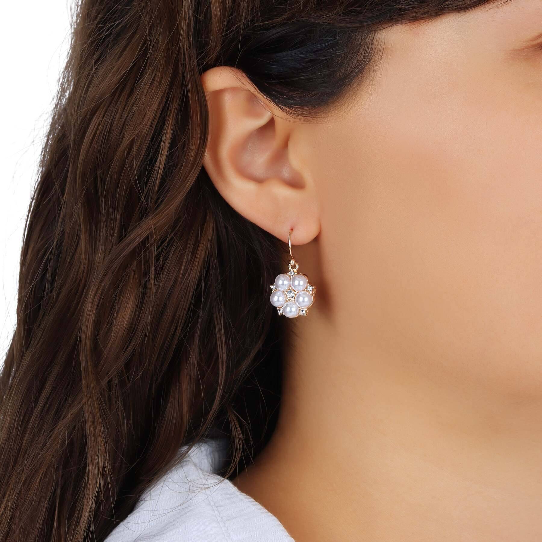 1928 Jewelry Crystal Star Flower White Faux Pearl Drop Earrings for Women - Elegant Dangle Earrings for Party, Wedding & Evening Occasions