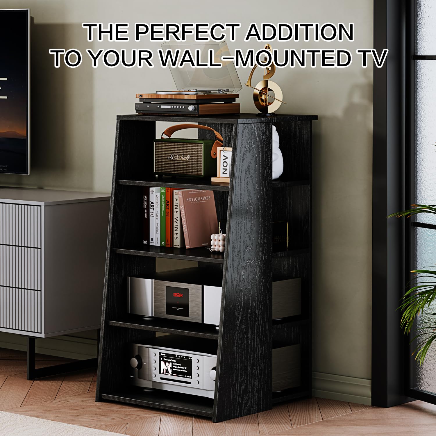 Modern Media Storage Cabinet - 4-Shelf AV Stand for TV, Stereo & Entertainment Components | Durable Living Room Furniture for Home Theater & Media Organization