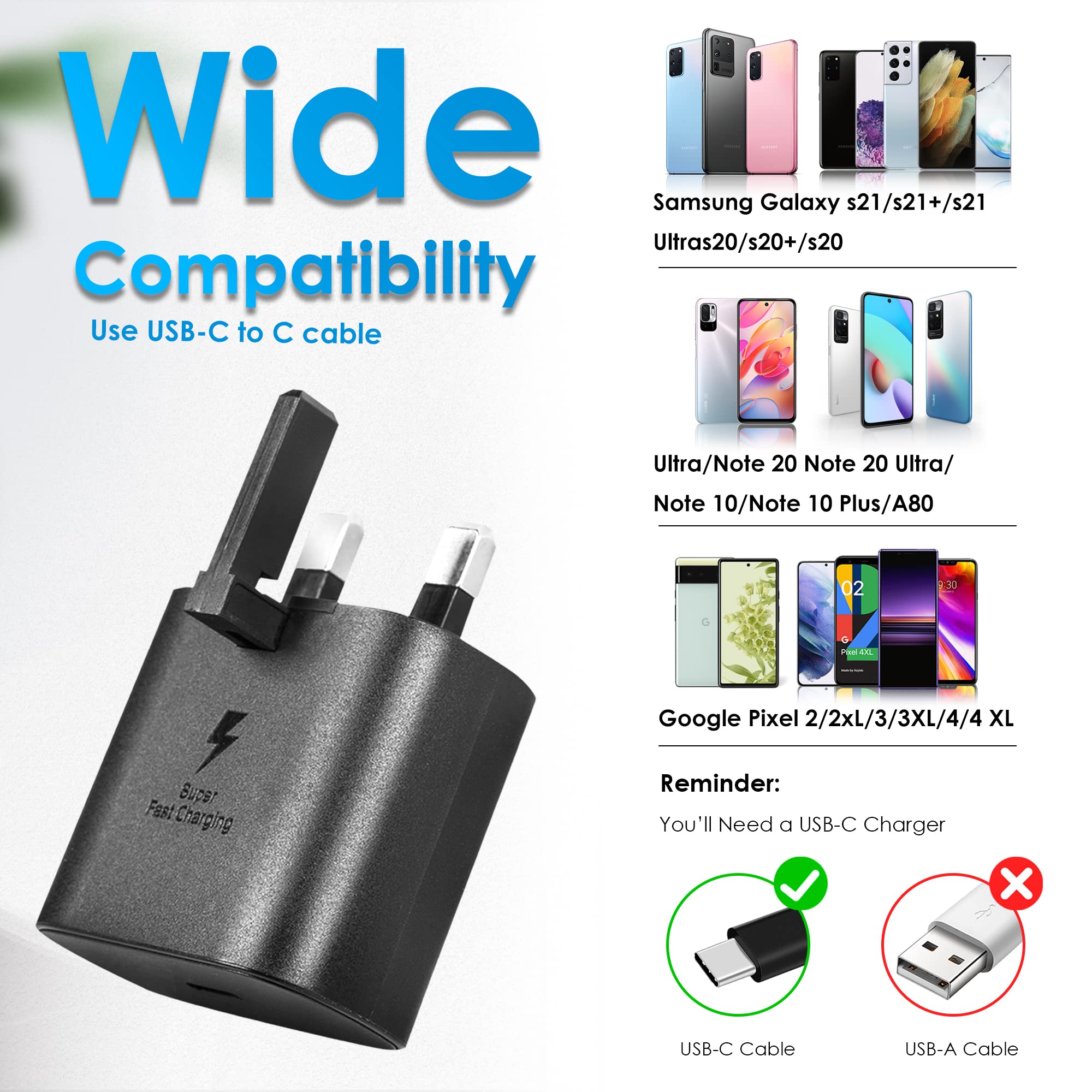 Chargeway 25W Fast Charger with 6FT USB-C Cable - Quick Charge for Samsung Galaxy S23/S22/S21, Note 20, A Series & USB-C Devices - Perfect for Travel, Office & Home Charging