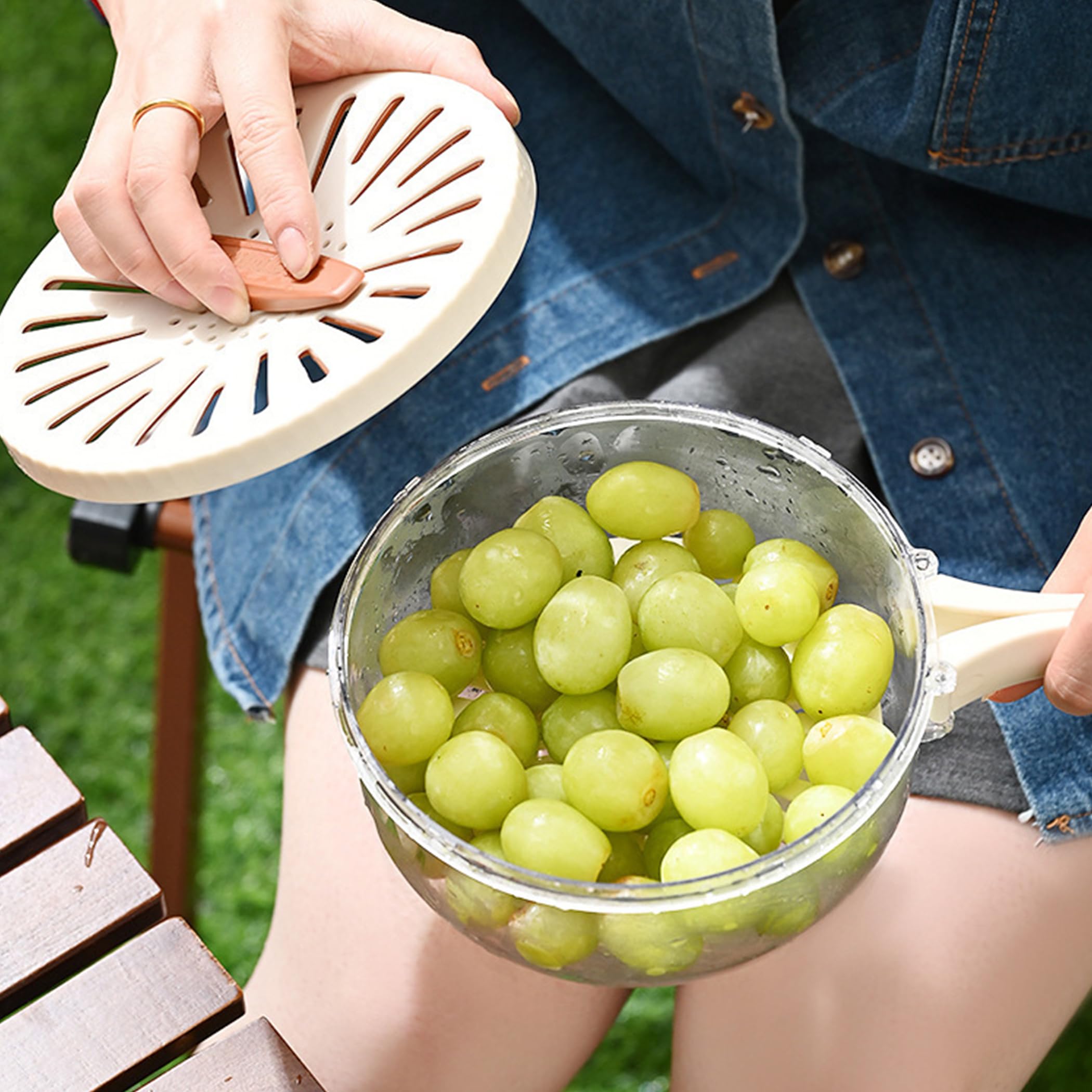 Multifunctional Fruit and Vegetable Washing Bowl with Lid - Foldable Handle Colander & Strainer for Kitchen | Food Prep, Salad Draining, Berry Washing | White (1-Pack)