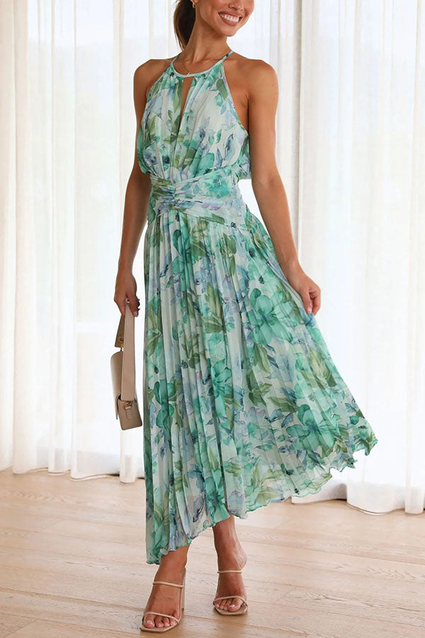 Floral Cutout Neck Pleated Midi Dress - Sunny Forecast Style for Women | Perfect for Summer Parties, Weddings & Beach Vacations