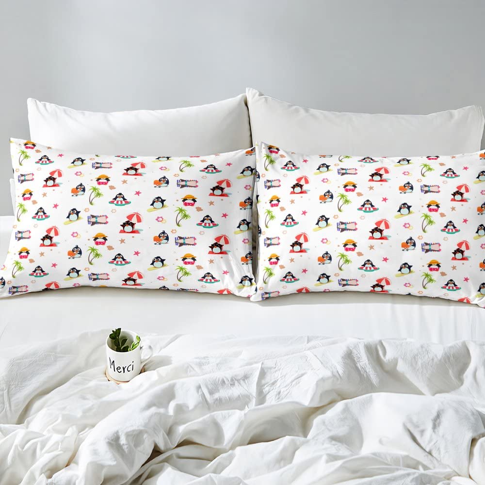 Castle Fairy Kids Penguin Bed Sheets Set - Cute Kawaii Animal Print Microfiber Bedding with Pillowcase for Boys & Girls (Queen Size) | Perfect for Summer Holidays, Beach Themed Rooms & Cozy Teen Bedrooms