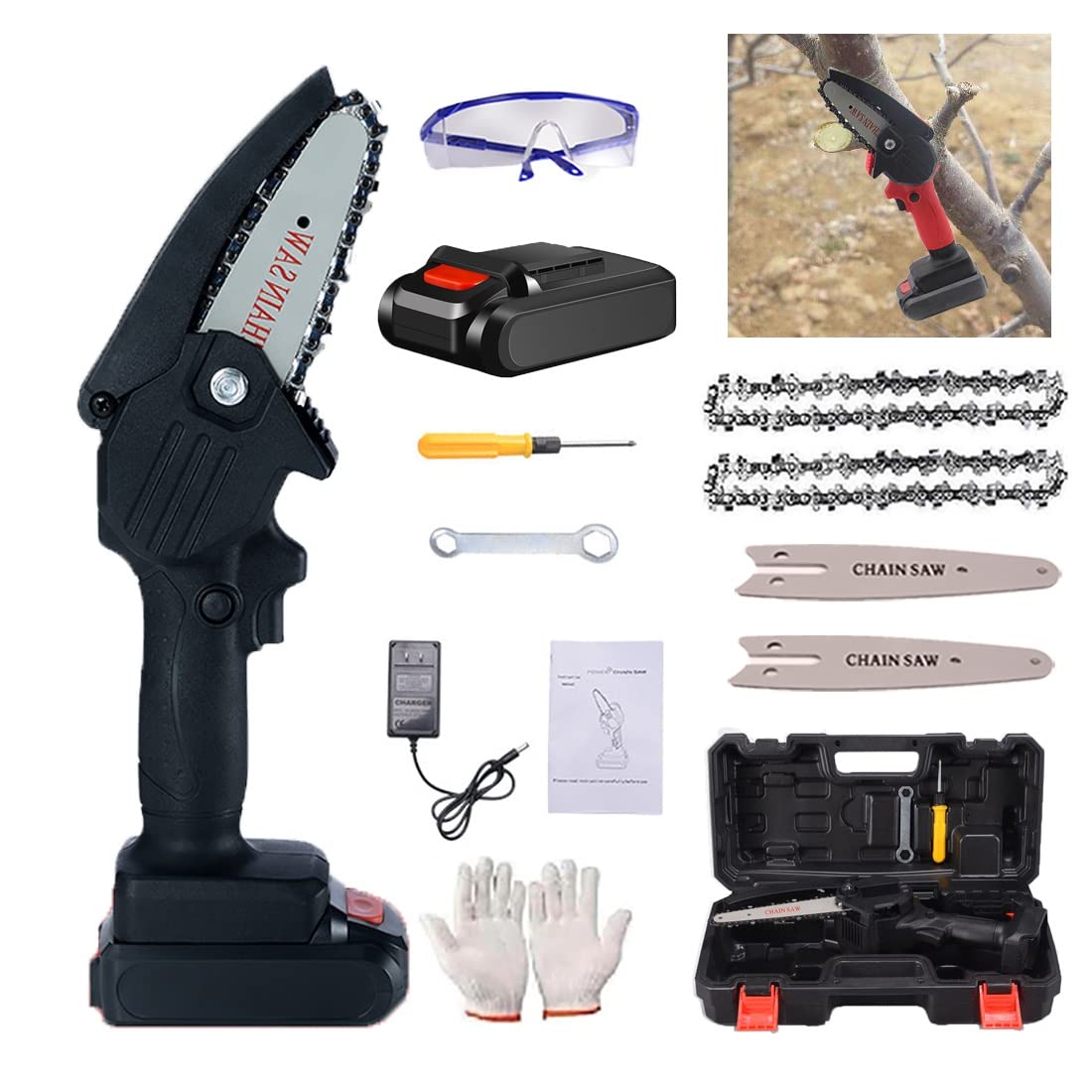 4 Inch Mini Chainsaw Cordless - Electric Handheld Chainsaw with Security Lock for Wood Cutting & Tree Trimming | Portable Power Chain Saws for DIY Projects, Garden Maintenance & Outdoor Camping
