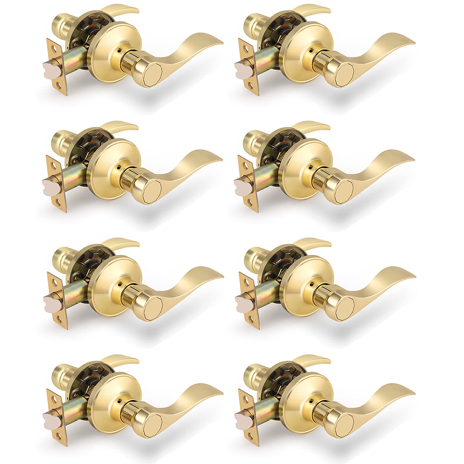 8 Pack Polished Brass Passage Door Levers - Non-Locking Interior Door Handlesets for Closet & Hallway (Right/Left Handing) - Perfect for Bedroom, Bathroom & Office Doors