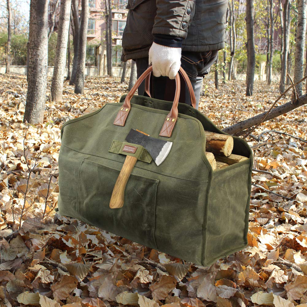 Premium Waxed Canvas Firewood Log Carrier Bag with Pure Leather Gloves - Heavy Duty Fireplace Accessories for Camping, Fireplace & Outdoor Use (Green)