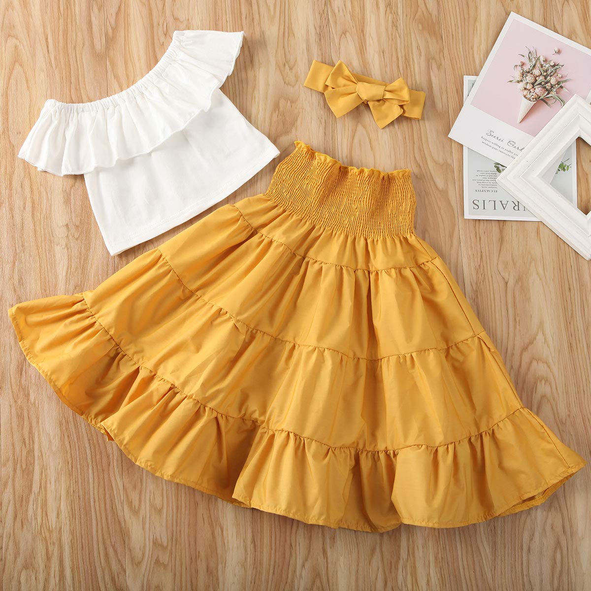 BULINGNA Fashion Girls Off-Shoulder Crop Top & High Waist Ruffled Maxi Skirt Set with Headband - Summer Toddler Outfit for Beach, Party & Photo Shoots