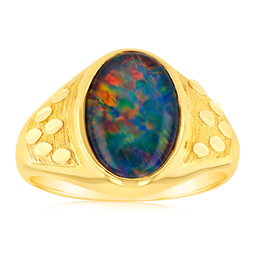 9ct Yellow Gold 14x10MM Triplet Opal Men's Ring - Elegant Jewelry Gift for Him, Perfect for Weddings, Anniversaries & Special Occasions