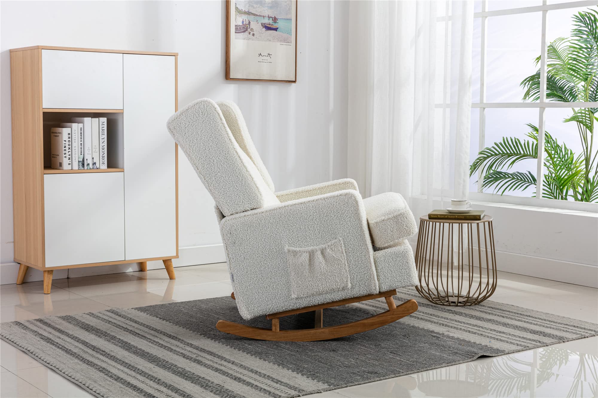 Bellemave White Teddy Rocking Chair - Upholstered Mid Century Modern Accent Chair for Living Room, Nursery & Baby Room with Solid Wood Base - Cozy Rocker for Relaxing, Nursing & Reading