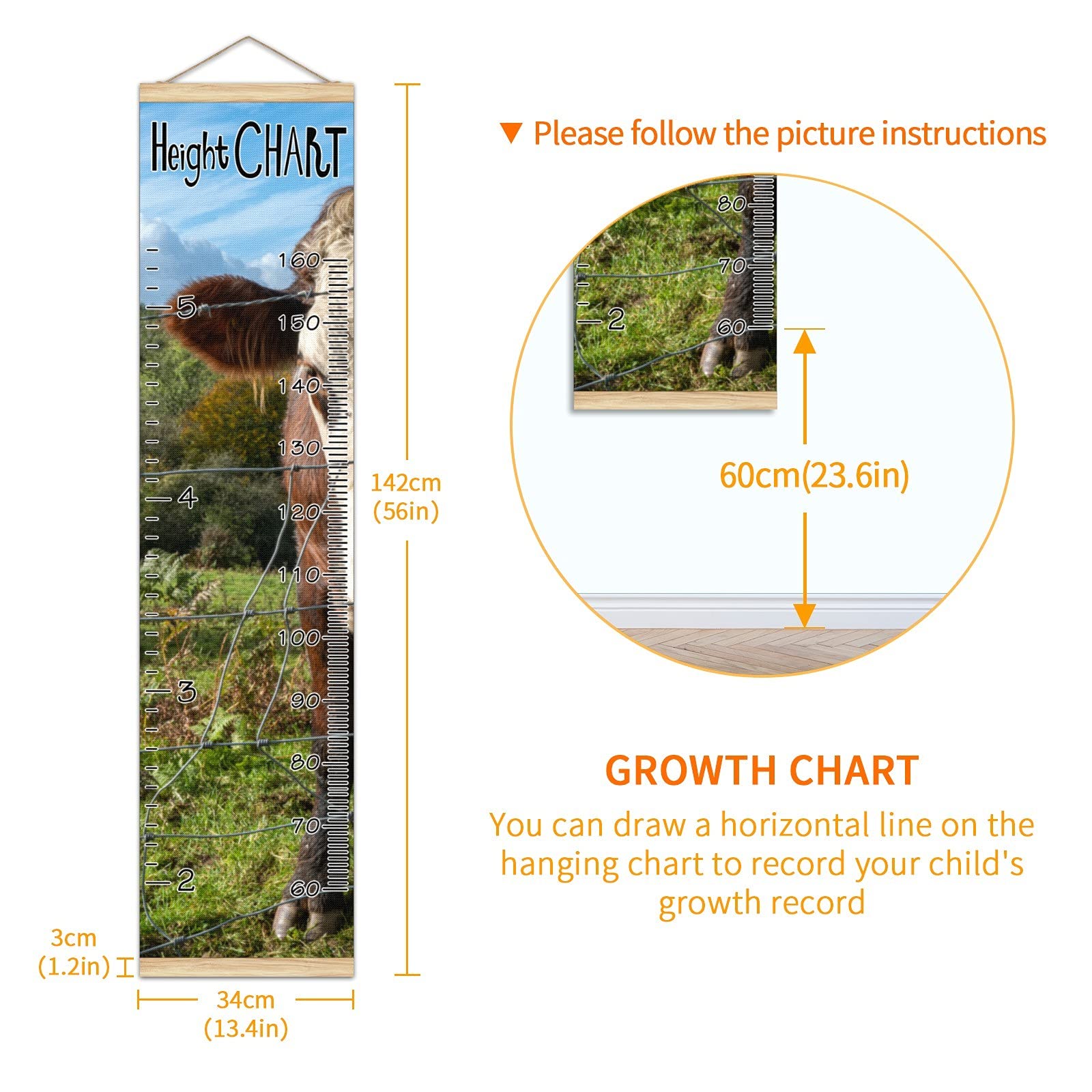 Wooden Kids Growth Chart Ruler - 13.4x56 Inch Wall Mounted Height Measure with Linen Finish, Brown Cow & White Head Design - Perfect for Nursery, Bedroom Decor & Tracking Child's Development