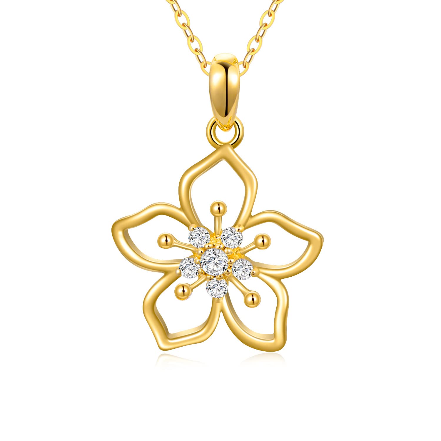 14K Yellow Gold Cherry Blossom Pendant Necklace for Women - Elegant Floral Jewelry Gift for Mom, Wife, Girlfriend - 18 Inch Chain - Perfect for Birthday, Anniversary & Special Occasions