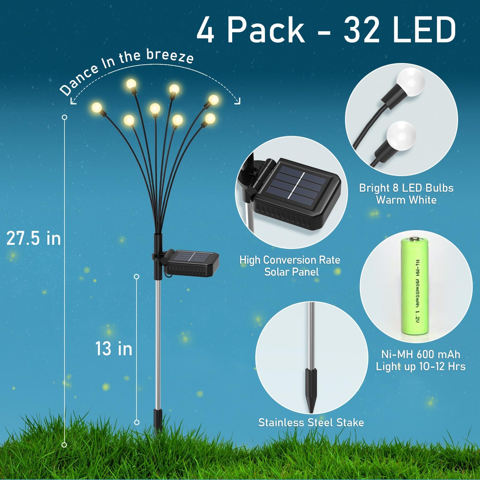 KELME Solar Garden Lights - 4 Pack 32 LED Swaying Firefly Solar Lights for Outdoor Decor | Waterproof Wind-Activated Solar Lights for Yard, Patio, Pathway | Perfect for Garden Parties, Landscape Lighting & Nighttime Ambience