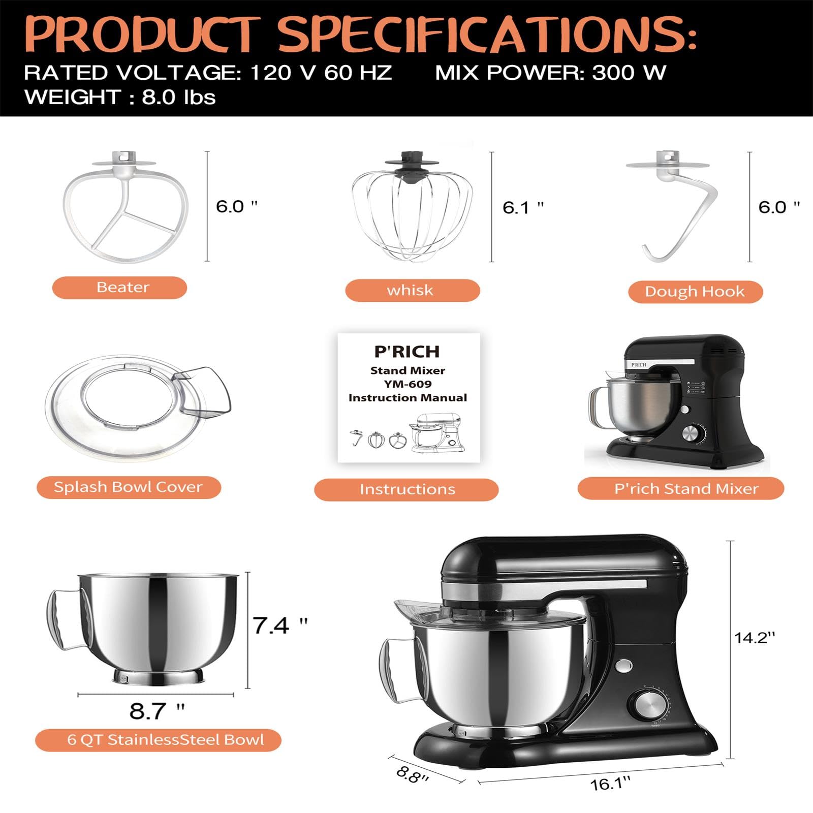 3-IN-1 Electric Stand Mixer, 5.3QT Bowl 12-Speed Kitchen Mixer with Dough Hook, Beater & Whisk - Powerful Baking Mixer for Bread, Cake, Cookies & Dough - Perfect for Home Bakers & Cooking Enthusiasts (YM609 Black) - Ideal for Baking, Meal Prep & Family Gatherings