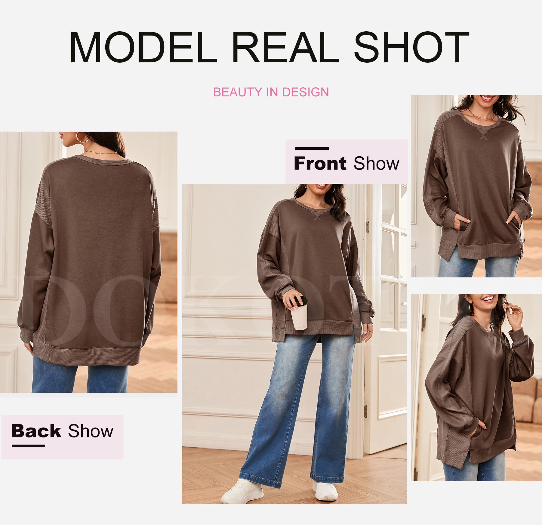 Women's Oversized Waffle Knit Sweatshirt - Dokotoo Casual Crewneck Long Sleeve Pullover Top | Perfect for Loungewear, Fall Outfits & Cozy Layering