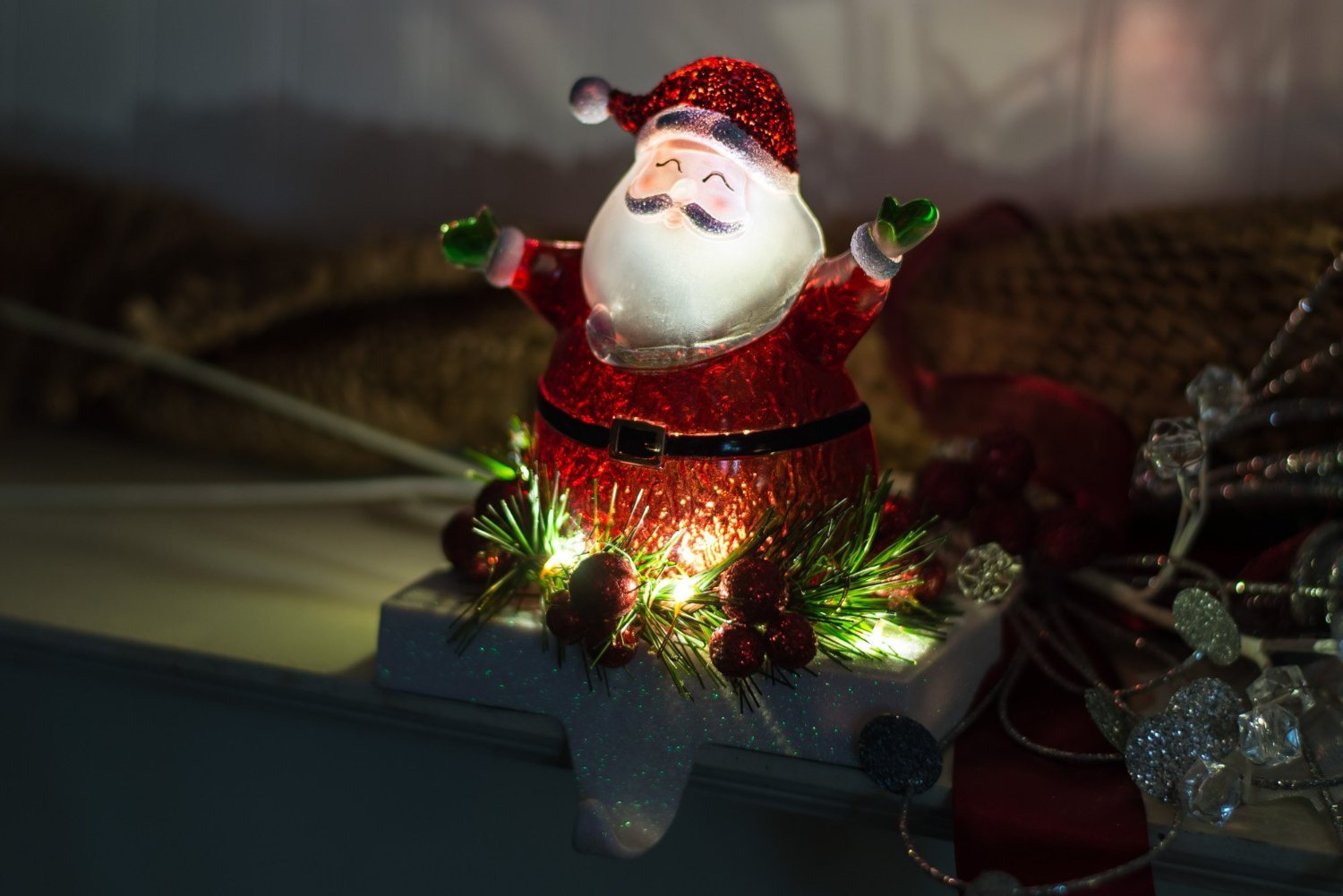 7 Inch Tall LED Santa Stocking Holder - Christmas Fireplace Mantel Decor with Warm White Lights for Holiday Home Decoration