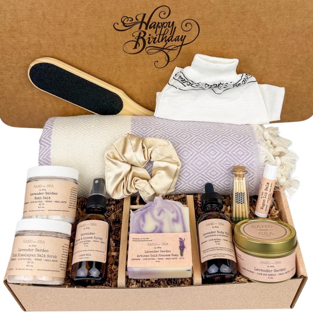 Luxury Lavender Spa Gift Basket for Women - 13 Piece Handmade Relaxing Self Care Set, Natural Birthday Gift Box for Her - Perfect for Mother's Day, Anniversary & Stress Relief (Lavender Garden)