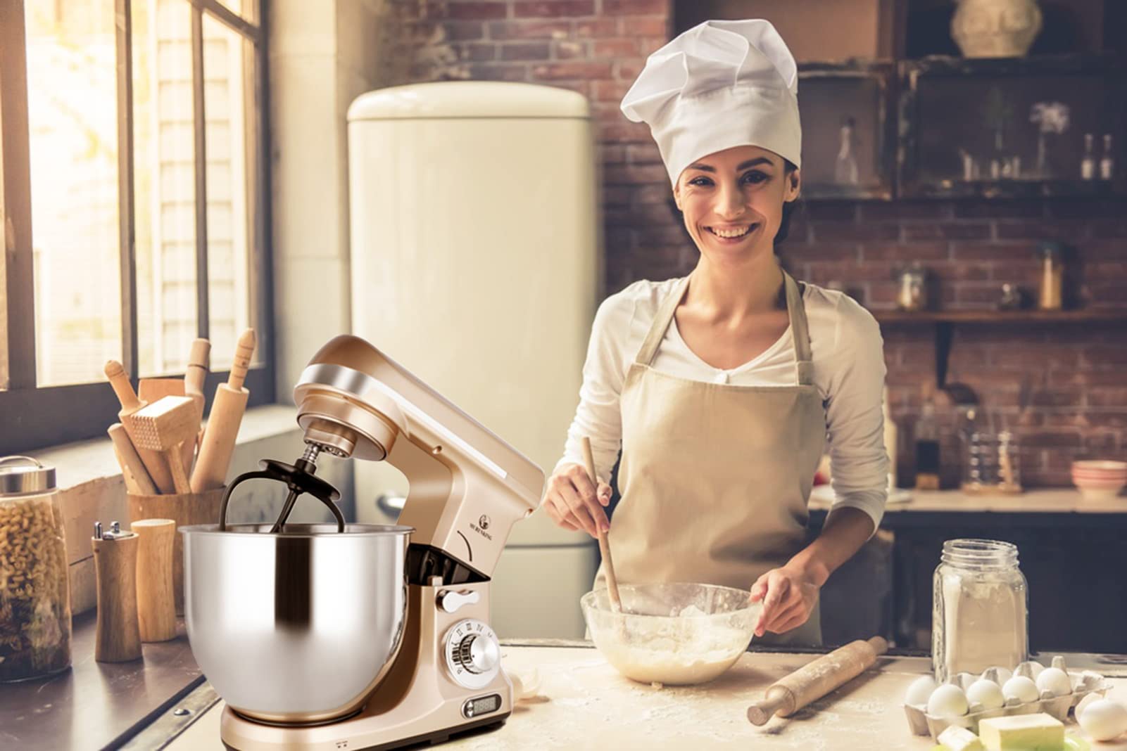 Professional 6-Qt Stand Mixer with Timer - 500W 6-Speed Tilt-Head Electric Kitchen Mixer, MK37 Model (Champagne) - Perfect for Baking, Dough Kneading & Cake Decorating